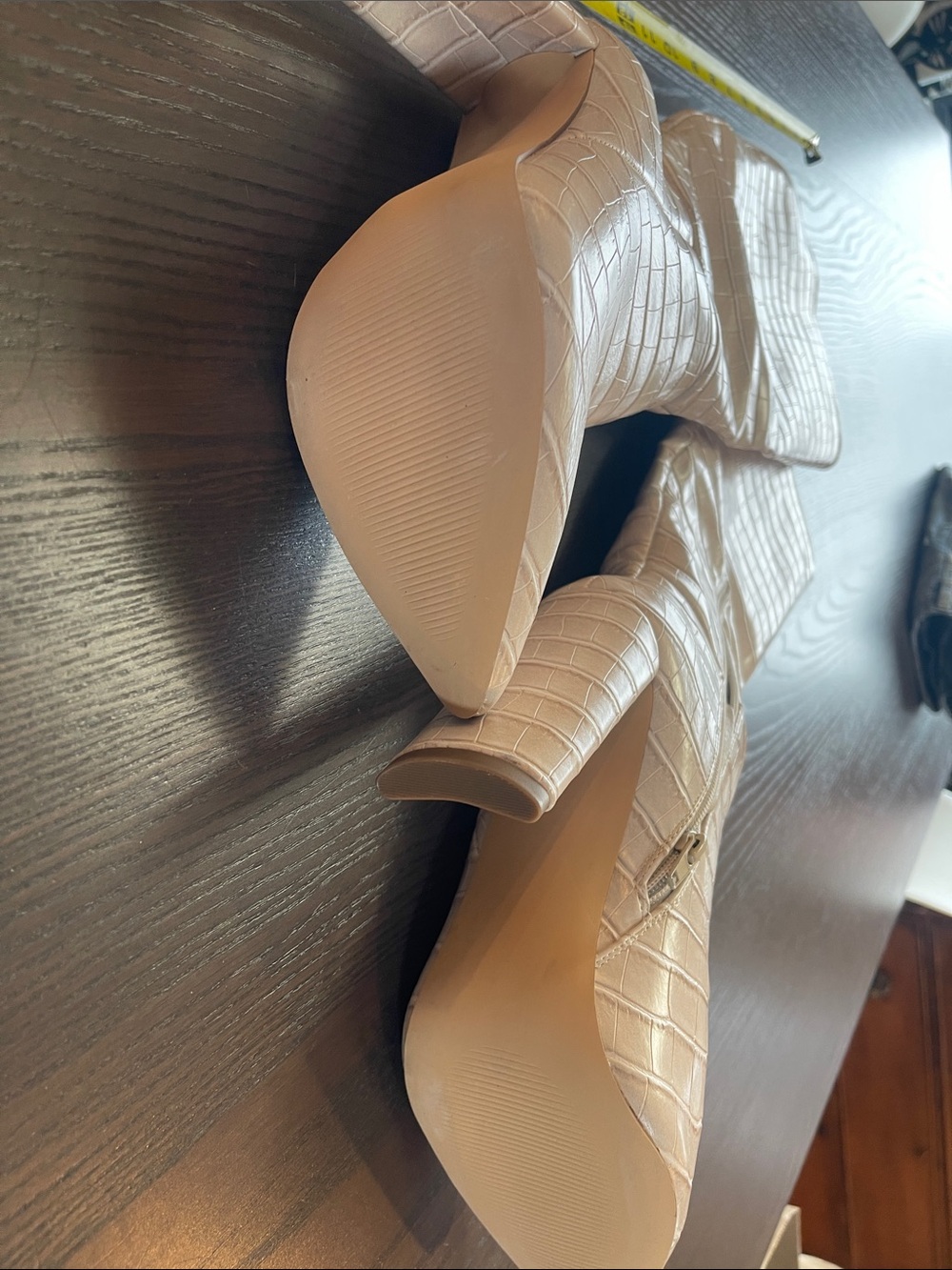 Source Unknown Cream Croc-Embossed Stiletto Knee-High Boots - Picture 2 of 5